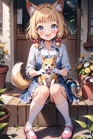 (masterpiece), sakura nene, 1girl, looking at viewer, blush, smile, short hair, open mouth, ((bangs)), blue eyes, blonde hair, brown hair, shirt, hair ornament, low twintails, , collarbone, :d, blunt bangs, hair bobbles ,

 , animal, white flower, shirt, animal ears, flower, collared shirt, , socks, , white socks, gloves, , apron,  sitting, , blush, ,tail, yellow flower, pink footwear, white shirt, animal ear fluff, , bird, kneehighs,, full body, skirt, rose, potted plant, , watering can, , shoes, blue skirt,

V-shraped eyebrows,
knees open sit, open legs,
knees away, korgi dog, dog between legs,
play with dog, dog looking a girl,
looking at dog, shot from front and below,

score_9,sakura nene,score_8_up,Details,mona,Detailed Masterpiece,nekomimimeganekao