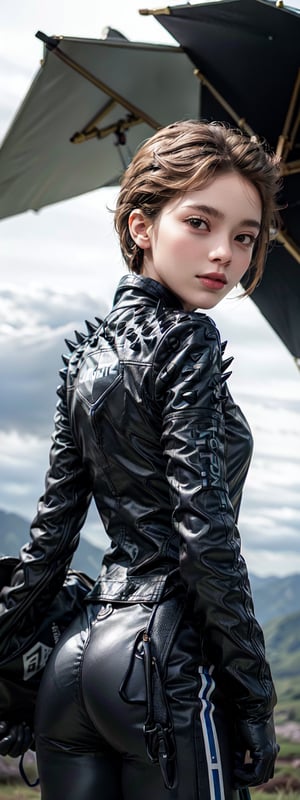 1girl, solo, hand on umbrella, (wind blowing back), (hair blowing in wind),  cute features, cowboy shot, futiristic, alone, 

fragileds,gloves, bodysuit, jacket,shoulder spikes, umbrella,