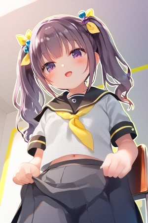 anime style,  uncensored, 
best quality, 8k, ultra-detailed, score_9, 

suzukaze aoba, 1girl, long hair, twintails, purple hiar, purple eyes, hair ornament, blush, bangs,

smile, kawaii, cute, open mouth, chestnut mouth,

clavicle, tiny mouth, 

BREAK,
kizaki school uniform,
summer, 
(single yellow line on white school uniform:2.0),
(black sailor collar, yellow ribbon tie:1.5), beautiful details navel, lifted black skirt, 
BREAK,

in girl's room, fancy items, sit on chair,

(sexy pose:1.5), dynamic action, dynamic angle, dynamic shot, (from below:1.5)
looking at viewer,Deformed