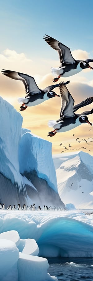 masterpiece, best quality, ultra-detailed, perfect hands, perfect anatomy, High detailed, detailed background,

3 penguins, many birds,

(black Arms that look like big bird wings:1.5),

many Flight, high altitude,
happily flying, ocean, iceberg, Antarctica, sunny sky, 
many flying penguins, Many penguins are flying in the distance,
A large flock of birds is flying,
many flight penguin, flight high altitude, 

dynamic action, dynamic shot,

focus animal,
onsokumaru,Penguin,Bird,,Animal, 