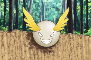 master piece, best quality, 

onsokumaru, creature,  solo,  smile,  grin,  no humans,  (((one head))), yellow wings,
 
in the forest,
tree, nature, forest, day, 
