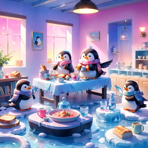 masterpiece, bestquality, illustration, watercolor,

animals , (fluffy:1.5),
4 fluffy penguins, scarfs, penguins wearing a scarf, talking, Eating bread, drinking soup with a spoon, 
in the ice room, ice low table,
stand next to the table,

cool color lighting in the room,

pink table cloth,  plate, water pot, glass,Four mugs, 4 plate with soup, a pot of soup, a salad bowl, a basket with bread,

Books, bookshelf, lamp, basket, small shelf, stuffed fish, radio cassette player,

black Arms that look like bird wings, 
cartoon, cute, fancy, putite, 

focus animal,
Xxmix_Catecat,Anime,hentai,More Reasonable Details