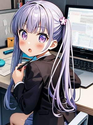 8k, ultra detailed, 
suzukaze aoba, 1girl, long hair, twintails, purple hiar, purple eyes, hair ornament,

 looking at viewer, blush, V-sharped eyebrows, :o, 

 formal,  jaket, skirt suit , neck ribbon, 

sit on chair,

A box of sweets is on own lap, pick it up and eat stick chocorate with own fingers,

in the office,
Partitioned work desk behind, 

Pen holder, pen tablet, monitor, paper, pasted notes, thick book, casual pc chair, anime character figure,

shot from behind and below
, cowboy shot,

suzukaze aoba,