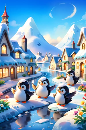 masterpiece, bestquality, illustration, watercolor,

animals , (fluffy:1.5),
3 fluffy penguins, talking, in the road,

A townscape lined with fancy and cute round-roofed houses, flower beds, ice mountains, winding cobblestone streets, small rivers, small stone bridges, street lamps, and the land of Antarctica.,

black Arms that look like bird wings, 
cartoon, cute, fancy, putite, 

focus animal,
Xxmix_Catecat,Anime,hentai,More Reasonable Details