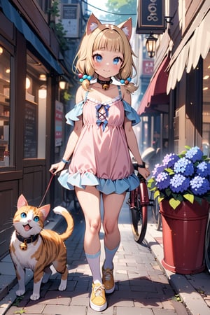 (masterpiece), sakura nene, 1girl, short hair, ((bangs)), blue eyes, blonde hair, brown hair, shirt, hair ornament, low twintails, collarbone, blunt bangs, hair bobbles ,

blue and white stripe thight high socks, pink camisole, novel  , white ruffle mini skirt, lots of lace, lots of ruffle, yellow sneakers,

in the shopping streets, menu boards, street lights, fire hydrants, blue hydrangeas, purple hydrangeas, street trees, roads, sidewalks, bicycles, potted plants,

blonde cat ears, blonde cat tail, cat collar, bell, jingle bell, neck bell,

smile, :3, blush,

walk,
Walking by pulling the leash attached to the dog's collar, korgi dog, 

looking at another, shot from side, full body,


score_9,sakura nene,score_8_up,Details,mona,Detailed Masterpiece,nekomimimeganekao