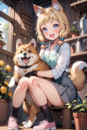 (masterpiece), sakura nene, 1girl, looking at viewer, blush, smile, short hair, open mouth, ((bangs)), blue eyes, blonde hair, brown hair, shirt, hair ornament, twintails, , collarbone, :d, blunt bangs, hair bobbles ,

 , animal, white flower, shirt, animal ears, flower, collared shirt, , socks, , black socks, gloves, , apron, holding, sitting, , blush, ,tail, yellow flower, pink footwear, white shirt, animal ear fluff, , bird, kneehighs, full body, skirt, rose, potted plant, , watering can, , shoes, grey skirt,

dog on lap, looking at dog, shot from side and below,

score_9,sakura nene,score_8_up,Details,mona,Detailed Masterpiece