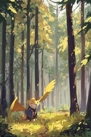 master piece, uniform 8k, ultra-detailed, score_9, score_8, best quality, 

(((onsokumaru))),creature,  solo,  smile, , closed eyes, grin,  no humans,  yellow one head, yellow wings,
 
in the forest,
tree, nature, forest, day, 
