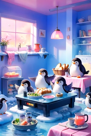 masterpiece, bestquality, illustration, watercolor,

animals , (fluffy:1.5),
4 fluffy penguins, scarfs, talking, in the ice room, ice low table,
stand next to the table,

cool color lighting in the room,

pink table cloth,  plate, water pot, glass,Four mugs, 4 plate with soup, a pot of soup, a salad bowl, a basket with bread,

Books, bookshelf, lamp, basket, small shelf, stuffed fish, radio cassette player,

black Arms that look like bird wings, 
cartoon, cute, fancy, putite, 

focus animal,
Xxmix_Catecat,Anime,hentai,More Reasonable Details