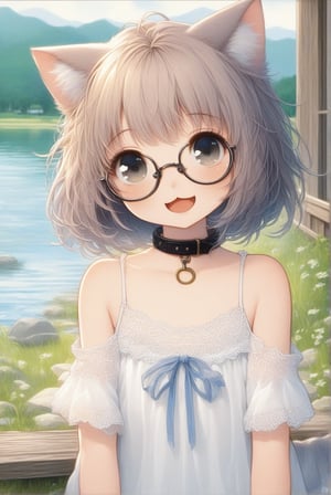 beautiful details, uniform 8K wallpaper, high resolution, exquisite texture in every detail,  beautiful illustration,manga touch

1girl, ((high school-age girl)), shyness,
look at viewer, upper body,
summer, japanese countryside, in lakeside,
white Summer-like camisole dress , blue line ribbon, lots of lace,

((nekomimi)),Cat ears the same color as her hair,
short hair, open mouth, (glasses), round eyes, cat collar, smile,

nekomimimeganekao