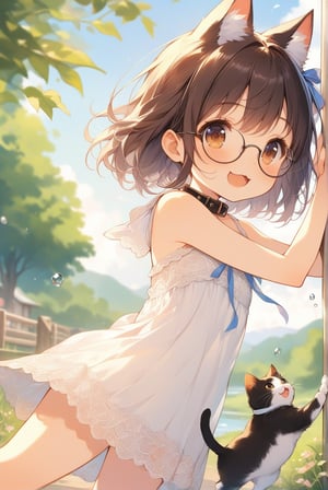 beautiful details, uniform 8K wallpaper, high resolution, exquisite texture in every detail,  beautiful illustration,manga touch

1girl, (((very young girl))), shyness,
summer, japanese countryside, in lakeside,
white Summer-like camisole dress , blue line ribbon, lots of lace,

((nekomimi)),Cat ears the same color as her hair,
short hair, open mouth, (glasses), round eyes, cat collar, , black hair, smile, :3,

in the park, play with cats,
frying,  jumping, fluttering in the wind,

shot angle is slightly tilted, adding dynamic movement to the shot, shot from side and below,
looking at cats, arms up, hands in cat, 


nekomimimeganekao