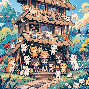 ((anime chibi style)), masterpiece, highly detailed, 16K, HD, cute with adorable eyes and Legs dangling on the porch of a house in the Japanese countryside, dynamic angle, depth of field,2girl,simplecats, cat ear, sleeping cat and  playing cat,