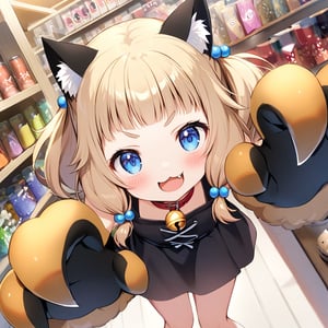 sakura nene, 1girl, solo, looking at viewer, blush, smile, short hair, open mouth, ((bangs)), blue eyes, blonde hair, brown hair, shirt, hair ornament, twintails, , collarbone, :d, toothy grin, blunt bangs,  hair bobbles , 

in the dagashi shop,

 smiling eyebrows, :3, bend the body to the right, arms up,

The camera angle is slightly tilted, adding dynamic movement to the shot, shot from above, looking at viewer,

black dress, sleeveless, bare shoulders, black paw gloves with claws, fang, black cat ears, cat collar, bell, jingle bell, neck bell, 