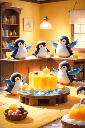 masterpiece, bestquality, illustration, watercolor,

animals , (fluffy:1.5),
3 fluffy penguins, talking, in the ice room, ice low table,
stand by the table, stand next to the table,

Warm color lighting in the room,

yellow table cloth, juice, straw, sweets on a plate, pot, tea cup,
Books, bookshelf, lamp, basket, small shelf, stuffed fish,

black Arms that look like bird wings, 
cartoon, cute, fancy, putite, 

focus animal,
Xxmix_Catecat,Anime,hentai,More Reasonable Details