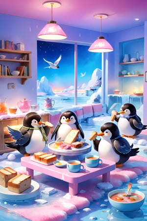 masterpiece, bestquality, illustration, watercolor,

animals , (fluffy:1.5),
4 fluffy penguins, scarfs, penguins wearing a scarf, talking, Eating bread, drinking soup with a spoon, 
in the ice room, ice low table,
stand next to the table,

cool color lighting in the room,

pink table cloth,  plate, water pot, glass,Four mugs, 4 plate with soup, a pot of soup, a salad bowl, a basket with bread,

Books, bookshelf, lamp, basket, small shelf, stuffed fish, radio cassette player,

black Arms that look like bird wings, 
cartoon, cute, fancy, putite, 

focus animal,
Xxmix_Catecat,Anime,hentai,More Reasonable Details