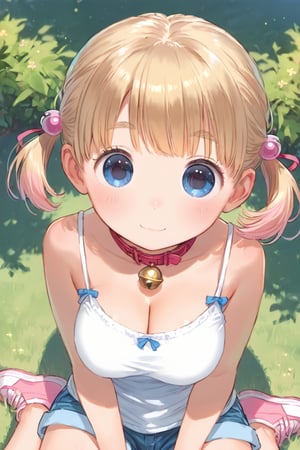 anime style, 
best quality, 8k, ultra-detailed, score_9, 
sakura nene, short hair, very short bangs, low short twintails, blonde hair, thin short eyebrows, blue eyes, hair bobbles, 

(((cute and round face))), big eyes, (((open eyes))), big eyeballs, anime style,

upper body, from above, busty, camisole, shorts, cat collar, bell, jingle bell, neck bell,

in the park,
M-shaped sitting,