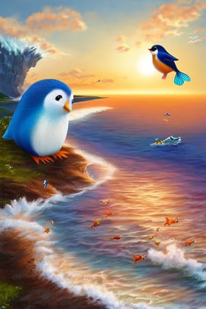 cute animals , fancy, fantasy,

penguin, like a bird, mini fish fins, mini fish tail, chicken legs, ((stubby)), ((short stature)), 

happily flying, ocean, iceberg, Antarctica, sunny sky, dynamic action,

focus animal,