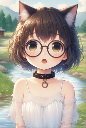 beautiful details, uniform 8K wallpaper, high resolution, exquisite texture in every detail,  beautiful illustration,manga touch

1girl, ((high school-age girl)), shyness,
look at viewer, upper body,
summer, japanese countryside, in lakeside,
white Summer-like camisole dress , blue line ribbon, lots of lace,

((nekomimi)),Cat ears the same color as her hair,
short hair, open mouth, (glasses), round eyes, cat collar, , black hair, small mouth,

nekomimimeganekao