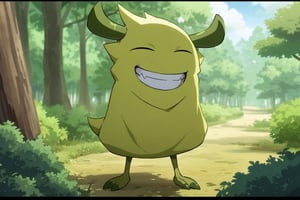 (((onsokumaru))),    in the forest, 

solo, all yellow colored body, one head,  letterboxed, boxed, boxy, smile, standing, full body, closed eyes, outdoors, day, grin,pokemon \(creature\), no humans, 

tree,  nature, forest, bush,  green colored deer horns,