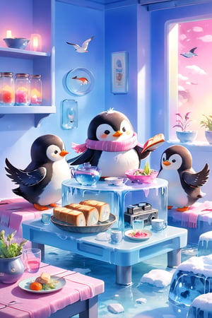 masterpiece, bestquality, illustration, watercolor,

animals , (fluffy:1.5),
4 fluffy penguins, talking, in the ice room, ice low table,
stand next to the table,
Scarf,
cool color lighting in the room,

pink table cloth,  plate, water pot, glass,Four mugs, 4 plate with soup, a pot of soup, a salad bowl, a basket with bread,

Books, bookshelf, lamp, basket, small shelf, stuffed fish, radio cassette player,

black Arms that look like bird wings, 
cartoon, cute, fancy, putite, 

focus animal,
Xxmix_Catecat,Anime,hentai,More Reasonable Details