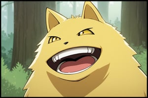 onsokumaru, solo, smile, open mouth, yellow eyes, :d, , no humans, border, happy, close-up in the forest, 

