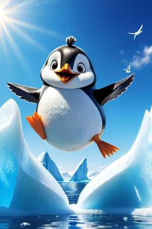 cute animals , fancy, fantasy,

penguin, like a bird, mini fish fins, mini fish tail, chicken legs, ((stubby)), ((short stature)), 

happily flying, ocean, iceberg, Antarctica, sunny sky, dynamic action,

focus animal,