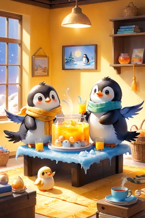 masterpiece, bestquality, illustration, watercolor,

animals , (fluffy:1.5),
3 fluffy penguins, talking, in the ice room, ice low table,
stand next to the table,
Scarf,
Warm color lighting in the room,

yellow table cloth, juice, straw, sweets on a plate, pot, tea cup,
Books, bookshelf, lamp, basket, small shelf, stuffed fish,

black Arms that look like bird wings, 
cartoon, cute, fancy, putite, 

focus animal,
Xxmix_Catecat,Anime,hentai,More Reasonable Details