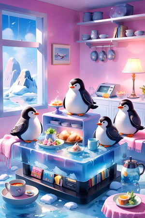 masterpiece, bestquality, illustration, watercolor,

animals , (fluffy:1.5),
4 fluffy penguins, talking, in the ice room, ice low table,
stand next to the table,
Scarf,
cool color lighting in the room,

pink table cloth,  plate, water pot, glass,Four mugs, 4 plate with soup, a pot of soup, a salad bowl, a basket with bread,

Books, bookshelf, lamp, basket, small shelf, stuffed fish, radio cassette player,

black Arms that look like bird wings, 
cartoon, cute, fancy, putite, 

focus animal,
Xxmix_Catecat,Anime,hentai,More Reasonable Details