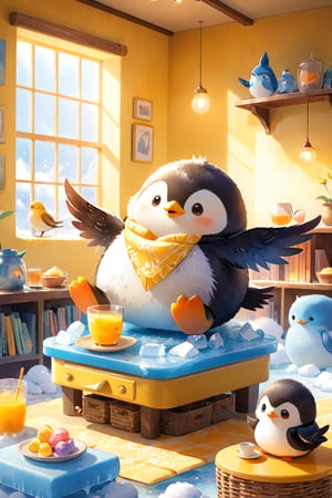 masterpiece, bestquality, illustration, watercolor,



animals , (fluffy:1.5),
2 fluffy penguin, talking, in the ice room, ice table,
sit on ice chairs, 

Warm color lighting in the room,

yellow table cloth, juice, straw, sweets on a plate, pot, tea cup,

Books, bookshelf, lamp, basket, small shelf, stuffed fish,

bird wings, No arms, use wings like arms,
cartoon, cute, fancy, putite, 

focus animal,
Xxmix_Catecat,Anime,hentai,More Reasonable Details