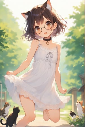 beautiful details, uniform 8K wallpaper, high resolution, exquisite texture in every detail,  beautiful illustration,manga touch

1girl, (((very young girl))), shyness,
summer, japanese countryside, in lakeside,
white Summer-like camisole dress , blue line ribbon, lots of lace,

((nekomimi)),Cat ears the same color as her hair,
short hair, open mouth, (glasses), round eyes, cat collar, , black hair, smile, :3,

in the park, play with cats,
frying,  jumping, fluttering in the wind,

shot angle is slightly tilted, adding dynamic movement to the shot, shot from side and below,
, looking at another, look away, looking at cats,

nekomimimeganekao
