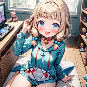 (masterpiece), perfect hands,
sakura nene, 1girl, solo, blush, smile, short hair, (bangs), blue eyes, blonde hair, shirt, hair ornament, low twintails, collarbone, :d, blunt bangs, hair bobbles ,

cat collar, bell, jingle bell, neck bell, drawers,

girl in a cute shark costume,
cute Shark hoodie, put on own head,
holding game pad in both hands,

smile, :3, V-shraped eyebrows,

in the play room, display low shelve, fancy items, home game consoles, game pads, puzzle toys, toys, fancy toys, stuffed toys, anime character figures, cushions, Wooden floors, light blue carpet, large windows, posters,

sit on the floor, cowboy shot,

looking at viewer, shot from front and above,
score_9,sakura nene,score_8_up,Details,mona,Detailed Masterpiece,