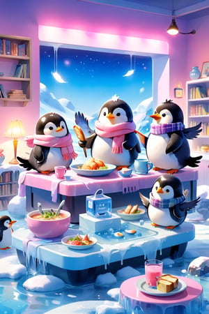 masterpiece, bestquality, illustration, watercolor,

animals , (fluffy:1.5),
4 fluffy penguins, scarfs, penguins wearing a scarf, talking, in the ice room, ice low table,
stand next to the table,

cool color lighting in the room,

pink table cloth,  plate, water pot, glass,Four mugs, 4 plate with soup, a pot of soup, a salad bowl, a basket with bread,

Books, bookshelf, lamp, basket, small shelf, stuffed fish, radio cassette player,

black Arms that look like bird wings, 
cartoon, cute, fancy, putite, 

focus animal,
Xxmix_Catecat,Anime,hentai,More Reasonable Details