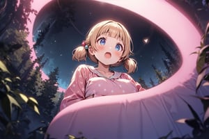masterpiece, best quality, ultra-detailed, score_9, score_8_up, score_7_up, 

sakura nene, 1girl, solo, blush, smile, short hair, , bangs, blue eyes, blonde hair, brown hair, shirt, hair ornament, twintails, , collarbone,  blunt bangs,  hair bobbles , 

 , :o,

in the forest, star print,pastel pink Pajamas, pastel pink nightcap, holding the arms of a stuffed animal, hugging a pillow, scared, dark forest, some balls of light floating,

waking, look away,

moonlight, It's dark around here,

, (((shot from far away,shot from below, full body))),
