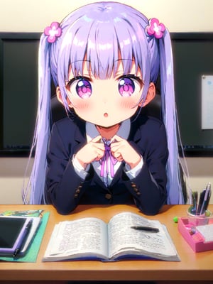 8k, ultra detailed, 
suzukaze aoba, 1girl, long hair, twintails, purple hiar, purple eyes, hair ornament,

 looking at viewer, blush, V-sharped eyebrows, :o, 

 formal,  jaket, skirt suit , neck ribbon, 

sit on chair,

A box of sweets is on own lap, pick it up and eat stick chocorate with own fingers,

in the office,
Partitioned work desk behind, 

Pen holder, pen tablet, monitor, paper, pasted notes, thick book, casual pc chair, anime character figure,

shot from front , cowboy shot,

suzukaze aoba,