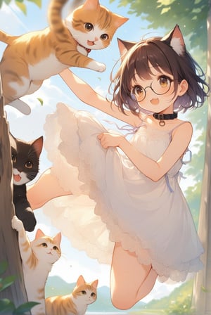 beautiful details, uniform 8K wallpaper, high resolution, exquisite texture in every detail,  beautiful illustration,manga touch

1girl, (((very young girl))), shyness,
summer, japanese countryside, in lakeside,
white Summer-like camisole dress , blue line ribbon, lots of lace,

((nekomimi)),Cat ears the same color as her hair,
short hair, open mouth, (glasses), round eyes, cat collar, , black hair, smile, :3,

in the park, play with cats,
frying,  jumping, fluttering in the wind,

shot angle is slightly tilted, adding dynamic movement to the shot, shot from side and below,
looking at cats, arms up, hands in cat, 


nekomimimeganekao
