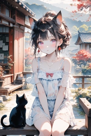 Masterpiece, beautiful details, perfect focus, uniform 8K wallpaper, high resolution, exquisite texture in every detail, one girl, solo, long hair,  blush, bangs, , black hair, bow, jewelry , updo, cowboy shot, ,  earrings, pink eyes, clear eyes, leaning forward,\,,Chibi,watercolor \(medium\),scenery

,((black cat ear))
,3cats
,sit down ,

, hip shift , Summer-like camisole dress with lots of lace ,the porch of a house in the Japanese countryside,scenery ,play with cats

,cowboy shot