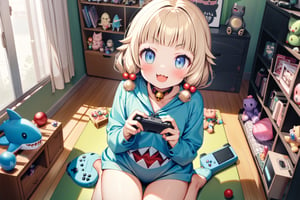 (masterpiece), sakura nene, 1girl, solo, blush, smile, short hair, (bangs), blue eyes, blonde hair, shirt, hair ornament, low twintails, collarbone, :d, blunt bangs, hair bobbles ,

cat collar, bell, jingle bell, neck bell, drawers,

girl in a cute shark costume,
holding game pad in both hands,

smile, :3, V-shraped eyebrows,

in the play room, display low shelve, fancy items, home game consoles, game pads, puzzle toys, toys, fancy toys, stuffed toys, anime character figures, cushions, Wooden floors, light blue carpet, large windows, posters,

sit on the floor, cowboy shot,

looking at viewer, shot from front and above,
score_9,sakura nene,score_8_up,Details,mona,Detailed Masterpiece,