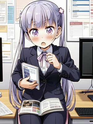 8k, ultra detailed, 
suzukaze aoba, 1girl, long hair, twintails, purple hiar, purple eyes, hair ornament,

 looking at viewer, blush, V-sharped eyebrows, :o, 

 formal,  jaket, skirt suit , neck ribbon, 

sit on chair,

A box of sweets is on own lap, pick it up and eat stick chocorate with own fingers,

in the office,
Partitioned work desk behind, 

Pen holder, pen tablet, monitor, paper, pasted notes, thick book, casual pc chair, anime character figure,

shot from front , cowboy shot,

suzukaze aoba,