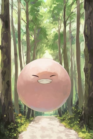 master piece, uniform 8k, ultra-detailed, score_9, score_8, best quality, 

(((onsokumaru))),creature,  solo,  smile, , closed eyes, grin,  no humans, 

in the forest,
tree, nature, forest, day, 
