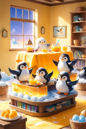 masterpiece, bestquality, illustration, watercolor,



animals , (fluffy:1.5),
3 fluffy penguins, talking, in the ice room, ice low table,
stand by the table,

Warm color lighting in the room,

yellow table cloth, juice, straw, sweets on a plate, pot, tea cup,

Books, bookshelf, lamp, basket, small shelf, stuffed fish,

bird wings, No arms, use wings like arms,
cartoon, cute, fancy, putite, 

focus animal,
Xxmix_Catecat,Anime,hentai,More Reasonable Details