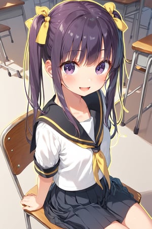 anime style,  uncensored, 
best quality, 8k, ultra-detailed, score_9, 

suzukaze aoba, 1girl, long hair, twintails, purple hiar, purple eyes, hair ornament, blush, bangs,

smile, kawaii, cute, open mouth, chestnut mouth,

clavicle, tiny mouth, 

BREAK,
kizaki school uniform,
summer, 
(single yellow line on white school uniform:1.7),
(black sailor collar, yellow ribbon tie:1.5), beautiful details navel, lifted black skirt, 
BREAK,

in girl's room, fancy items, sit on chair,

(sexy pose:1.5), dynamic action, dynamic angle, dynamic shot, (from above:1.0),
looking at viewer,
score_8_up,score_7_up