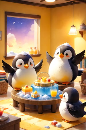 masterpiece, bestquality, illustration, watercolor,

animals , (fluffy:1.5),
3 fluffy penguins, talking, in the ice room, ice low table,
stand by the table, stand next to the table,

Warm color lighting in the room,

yellow table cloth, juice, straw, sweets on a plate, pot, tea cup,
Books, bookshelf, lamp, basket, small shelf, stuffed fish,

black Arms that look like bird wings, 
cartoon, cute, fancy, putite, 

focus animal,
Xxmix_Catecat,Anime,hentai,More Reasonable Details
