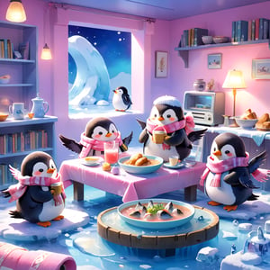 masterpiece, bestquality, illustration, watercolor,

animals , (fluffy:1.5),
4 fluffy penguins, scarfs, penguins wearing a scarf, talking, Eating bread, drinking soup with a spoon, 
in the ice room, ice low table,
stand next to the table,

cool color lighting in the room,

pink table cloth,  plate, water pot, glass,Four mugs, 4 plate with soup, a pot of soup, a salad bowl, a basket with bread,

Books, bookshelf, lamp, basket, small shelf, stuffed fish, radio cassette player,

black Arms that look like bird wings, 
cartoon, cute, fancy, putite, 

focus animal,
Xxmix_Catecat,Anime,hentai,More Reasonable Details