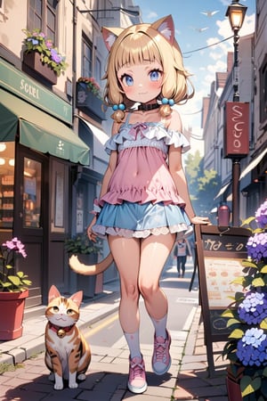 (masterpiece), sakura nene, 1girl, short hair, ((bangs)), blue eyes, blonde hair, brown hair, shirt, hair ornament, low twintails, collarbone, blunt bangs, hair bobbles ,

yellow harf sleeve shirt, pink mini camisole, white ruffle mini skirt, lots of lace, lots of ruffle, blue and white striped thigh-high socks, , yellow sneakers,

in the shopping streets, menu boards, street lights, fire hydrants, blue hydrangeas, purple hydrangeas, street trees, roads, sidewalks, bicycles, potted plants,

blonde cat ears, blonde cat tail, cat collar, bell, jingle bell, neck bell,

smile, :3, blush,

walk,
korgi dog, 

looking at another, shot from side, full body,


score_9,sakura nene,score_8_up,Details,mona,Detailed Masterpiece,nekomimimeganekao