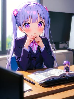 8k, ultra detailed, 
suzukaze aoba, 1girl, long hair, twintails, purple hiar, purple eyes, hair ornament,

 looking at viewer, blush, V-sharped eyebrows, :o, 

 formal,  jaket, skirt suit , neck ribbon, 

sit on chair,

A box of sweets is on own lap, pick it up and eat stick chocorate with own fingers,

in the office,
Partitioned work desk behind, 

Pen holder, pen tablet, monitor, paper, pasted notes, thick book, casual pc chair, anime character figure,

shot from front , cowboy shot,

suzukaze aoba,