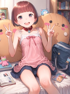 anime style, 
best quality, 8k, ultra-detailed, score_9, 
perfect hands,

1 girl, solo,
sakura nene, short hair, (very short bangs:3.0), low short twintails, light blonde hair, thin short eyebrows, blue eyes, hair bobbles, 

(((cute and round face))), big eyes, (((open eyes))), big eyeballs, anime style,

((flat chest)), summer like camisole, ruffle mini skart, pink lace ribbon, lots of lace, 

red randoseru, Stuffed animals, notebooks, textbooks, pencil cases, manga books, notebooks, japanese kid's red school bag,

cat collar on long  chain, 

in the girl's room,

M-shaped sitting, sit on bed, 
hands in peace sign, double peace sign, 
smile, :),

upper body, from front, busty, 

