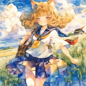 ,watercolor \(medium\),masterpiece, best quality, , girl ,belly button
,Black short-sleeved sailor suit with a yellow lined collar and short hem, black skirt,
yellow tie fluttering in the wind,
,nekomimi ,cat ears,
, , straight Long hair fluttering in the wind,, smile, open eyes, 
,thin student leather bag
, Japanese countryside rice field road ,
,Cumulonimbus clouds in a sunny summer sky
, ,walking ,scenery