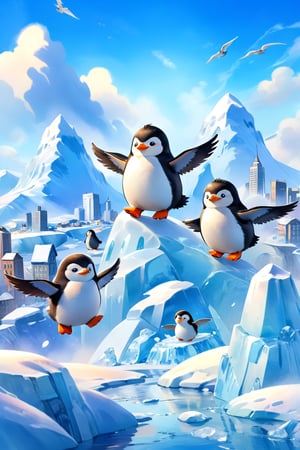 masterpiece, bestquality, illustration, watercolor,

animals , (fluffy:1.5),
4 fluffy penguins, talking, 

Penguins are flying,  in the sky, 
They are happily flying around.,

Flying high in the sky, you can see a shrunken cityscape in the distance below. In the distance there is a mountain of ice. The land of Antarctica.,

black Arms that look like bird wings, 
cartoon, cute, fancy, putite, 

focus animal,
Xxmix_Catecat,Anime,hentai,More Reasonable Details