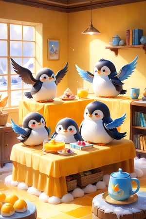 masterpiece, bestquality, illustration, watercolor,



animals , (fluffy:1.5),
3 fluffy penguins, talking, in the ice room, ice low table,
stand by the table,

Warm color lighting in the room,

yellow table cloth, juice, straw, sweets on a plate, pot, tea cup,

Books, bookshelf, lamp, basket, small shelf, stuffed fish,

bird wings, No arms, use wings like arms, 
fold one's wings,
cartoon, cute, fancy, putite, 

focus animal,
Xxmix_Catecat,Anime,hentai,More Reasonable Details
