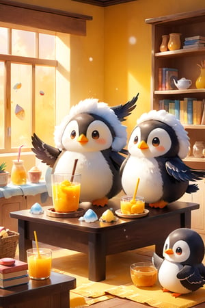 masterpiece, bestquality, illustration, watercolor,

animals , (fluffy:1.5),
3 fluffy penguins, talking, in the ice room, ice low table,
stand by the table, stand next to the table,

Warm color lighting in the room,

yellow table cloth, juice, straw, sweets on a plate, pot, tea cup,
Books, bookshelf, lamp, basket, small shelf, stuffed fish,

black Arms that look like bird wings, 
cartoon, cute, fancy, putite, 

focus animal,
Xxmix_Catecat,Anime,hentai,More Reasonable Details