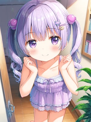 suzukazek aoba, 1girl, long hair, twintails, purple hiar, purple eyes, hair ornament, blush, bangs,

smile, kawaii, cute,

clavicle, tiny mouth, 
summer dress, sleveless, lots of lace,


in girl's room, fancy items,

looking at viewer, 

suzukaze aoba